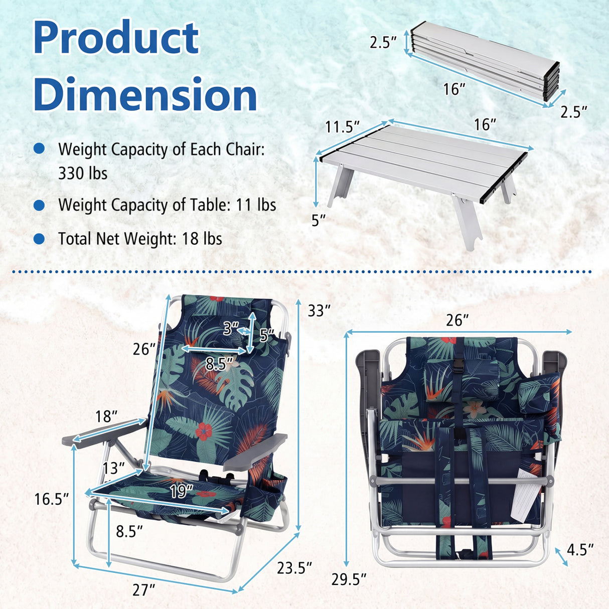 2 Packs 5-Position Outdoor Folding Backpack Beach Table Chair Reclining Chair Set-Green