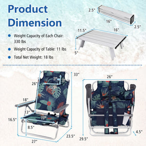 2 Packs 5-Position Outdoor Folding Backpack Beach Table Chair Reclining Chair Set-Green