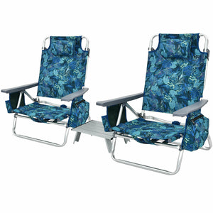 2 Packs 5-Position Outdoor Folding Backpack Beach Table Chair Reclining Chair Set-Blue