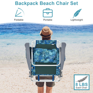 2 Packs 5-Position Outdoor Folding Backpack Beach Table Chair Reclining Chair Set-Blue
