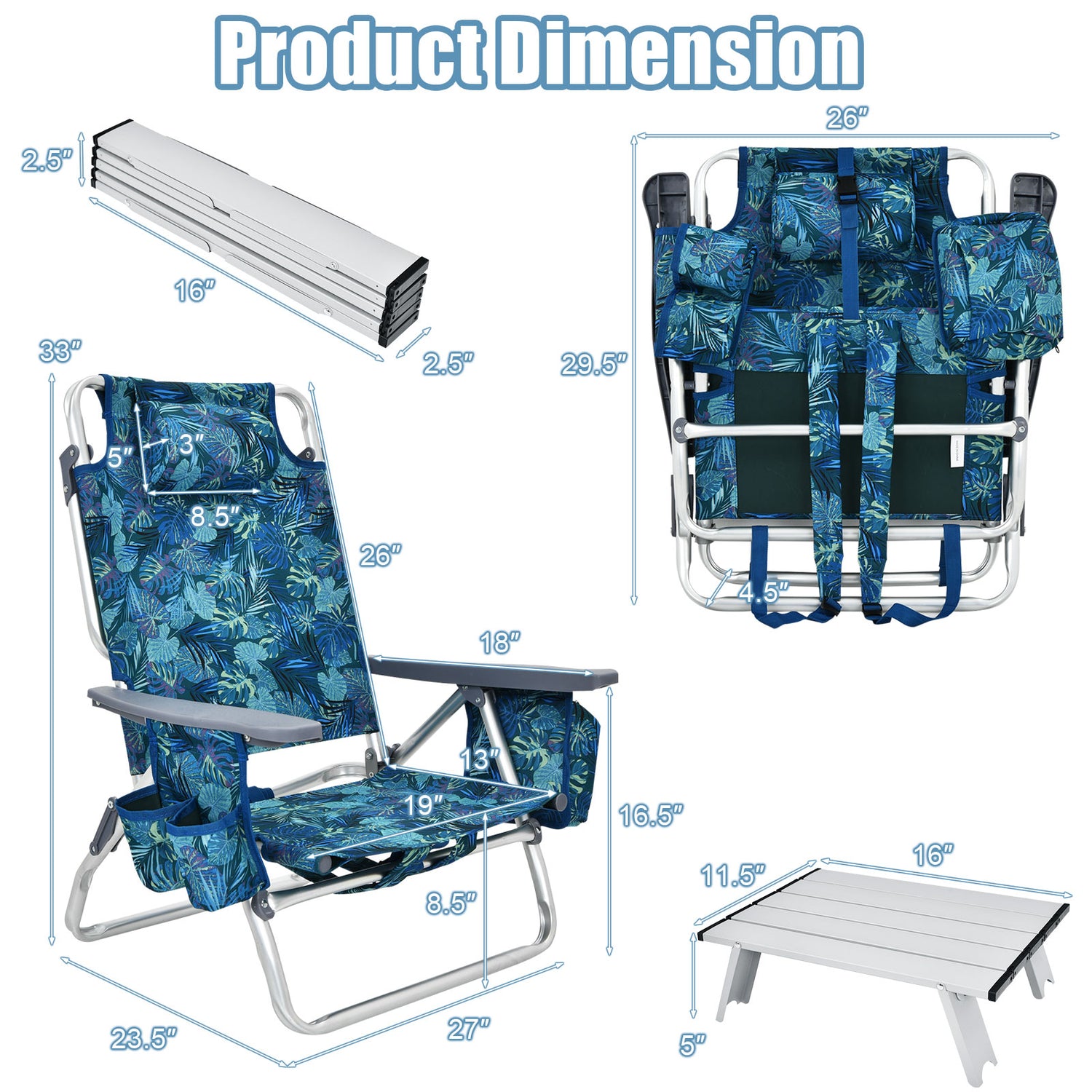 2 Packs 5-Position Outdoor Folding Backpack Beach Table Chair Reclining Chair Set-Blue