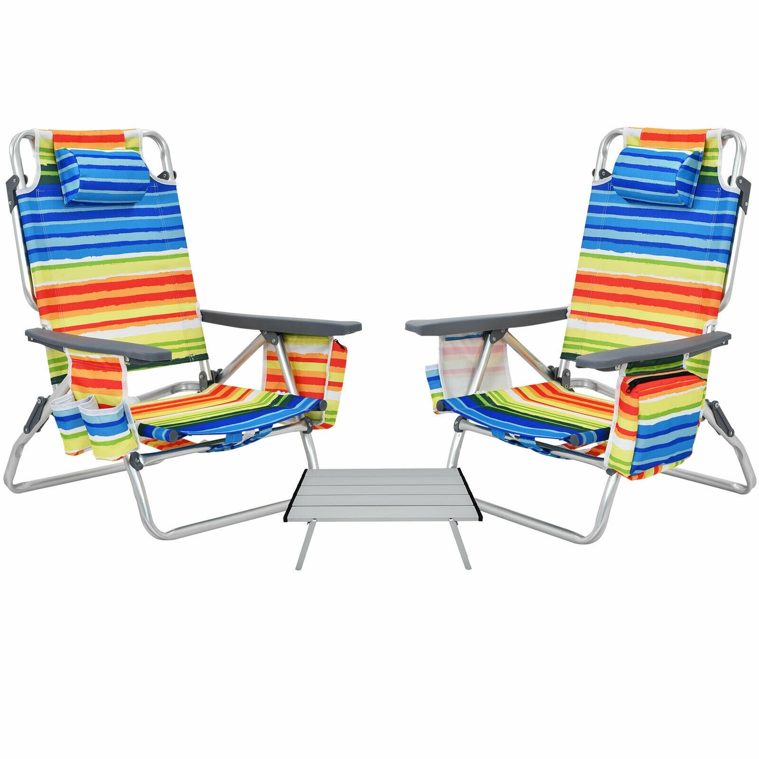 2 Packs 5-Position Outdoor Folding Backpack Beach Table Chair Reclining Chair Set-Blue
