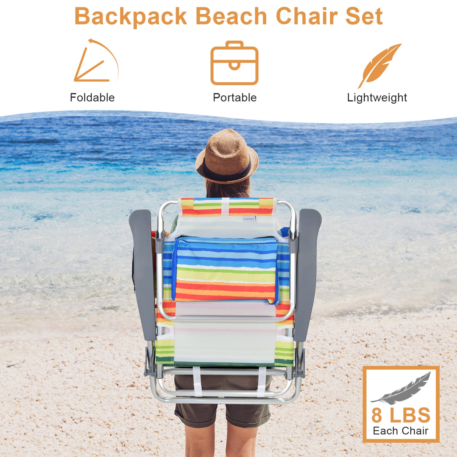 2 Packs 5-Position Outdoor Folding Backpack Beach Table Chair Reclining Chair Set-Blue
