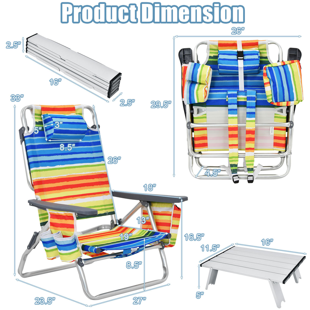 2 Packs 5-Position Outdoor Folding Backpack Beach Table Chair Reclining Chair Set-Blue