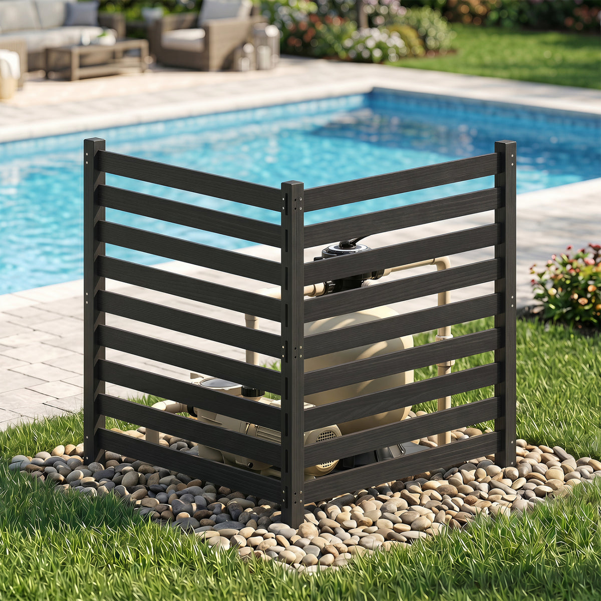 2-Panel Wooden Outdoor Privacy Fence with Ground Stakes-Black