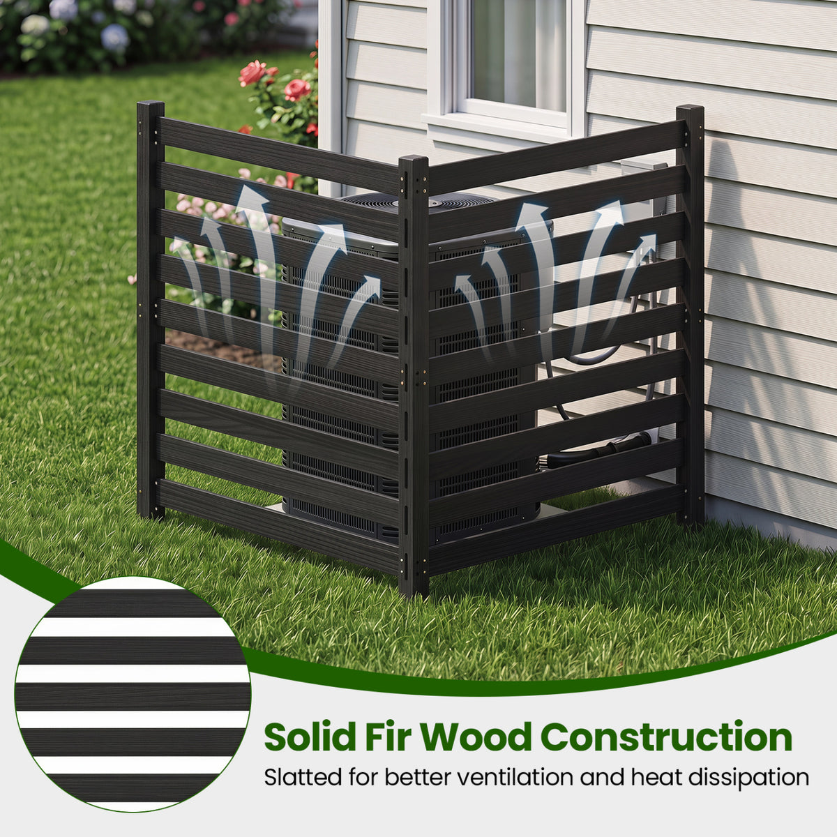 2-Panel Wooden Outdoor Privacy Fence with Ground Stakes-Black