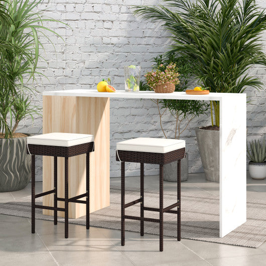 Patio Rattan Barstools Set of 2/4 with Footrest and Soft Cushions for Backyard Balcony-2 Pieces