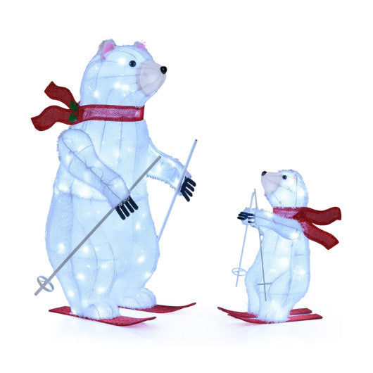 2 PCS Animated Skiing Polar Bears Pre-lit Christmas Bear Decoration with Skiing Motion