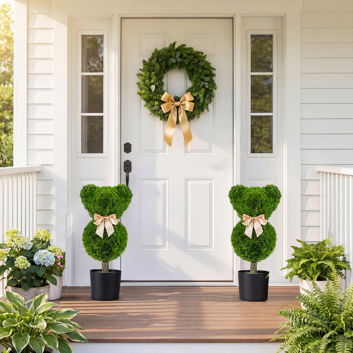 2 Pieces Bear Topiary Trees with Pots Sun-resistant Bear-Shaped Boxwood Faux Plants
