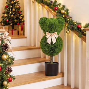 2 Pieces Bear Topiary Trees with Pots Sun-resistant Bear-Shaped Boxwood Faux Plants