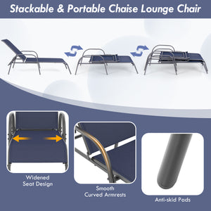2 Pcs Outdoor Patio Lounge Chair Chaise Fabric with Adjustable Reclining Armrest-Navy