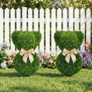 2 Pieces Teddy Bear Topiary Trees Sun-resistant Faux Boxwood Plants with Bowknot