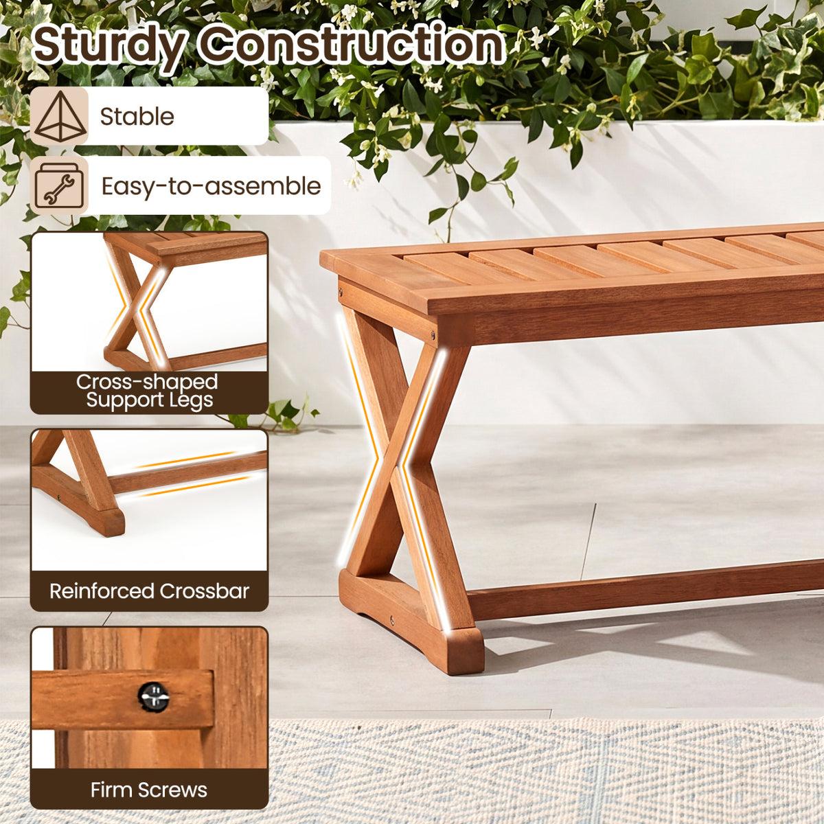 2-Person 44" Solid Wood Outdoor Bench with Slatted Seat for Patio Park Balcony-1 Piece