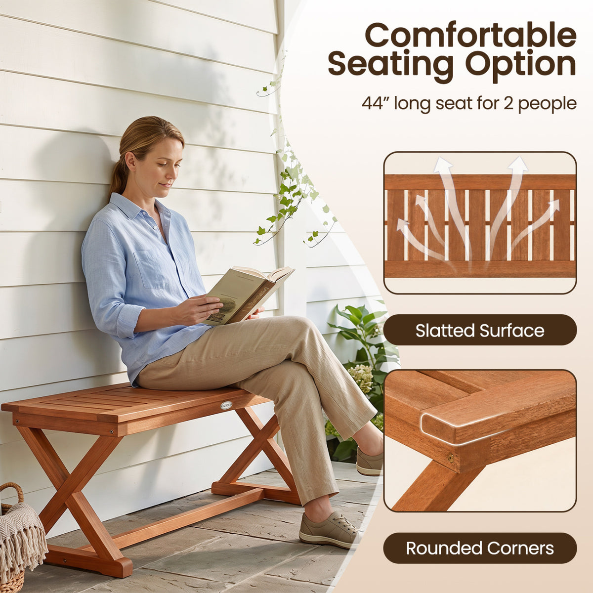 2-Person 44" Solid Wood Outdoor Bench with Slatted Seat for Patio Park Balcony-2 Piece