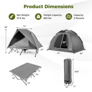 2-Person Camping Cot Tent Foldable Off-Ground Camping Combo for Adults-Grey