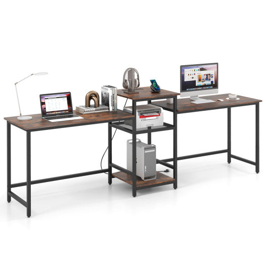2-Person Computer Desk with Power Outlet and Printer Stand-Rustic Brown