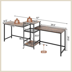 2-Person Computer Desk with Power Outlet and Printer Stand-Rustic Brown