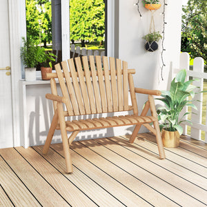 2-Person Log Wood Patio Bench with Slatted Backrest for Deck Backyard-Natural