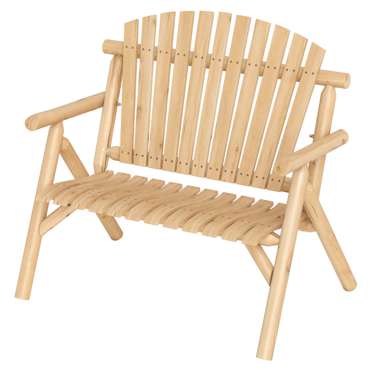 2-Person Log Wood Patio Bench with Slatted Backrest for Deck Backyard-Natural