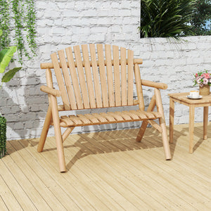 2-Person Log Wood Patio Bench with Slatted Backrest for Deck Backyard-Natural