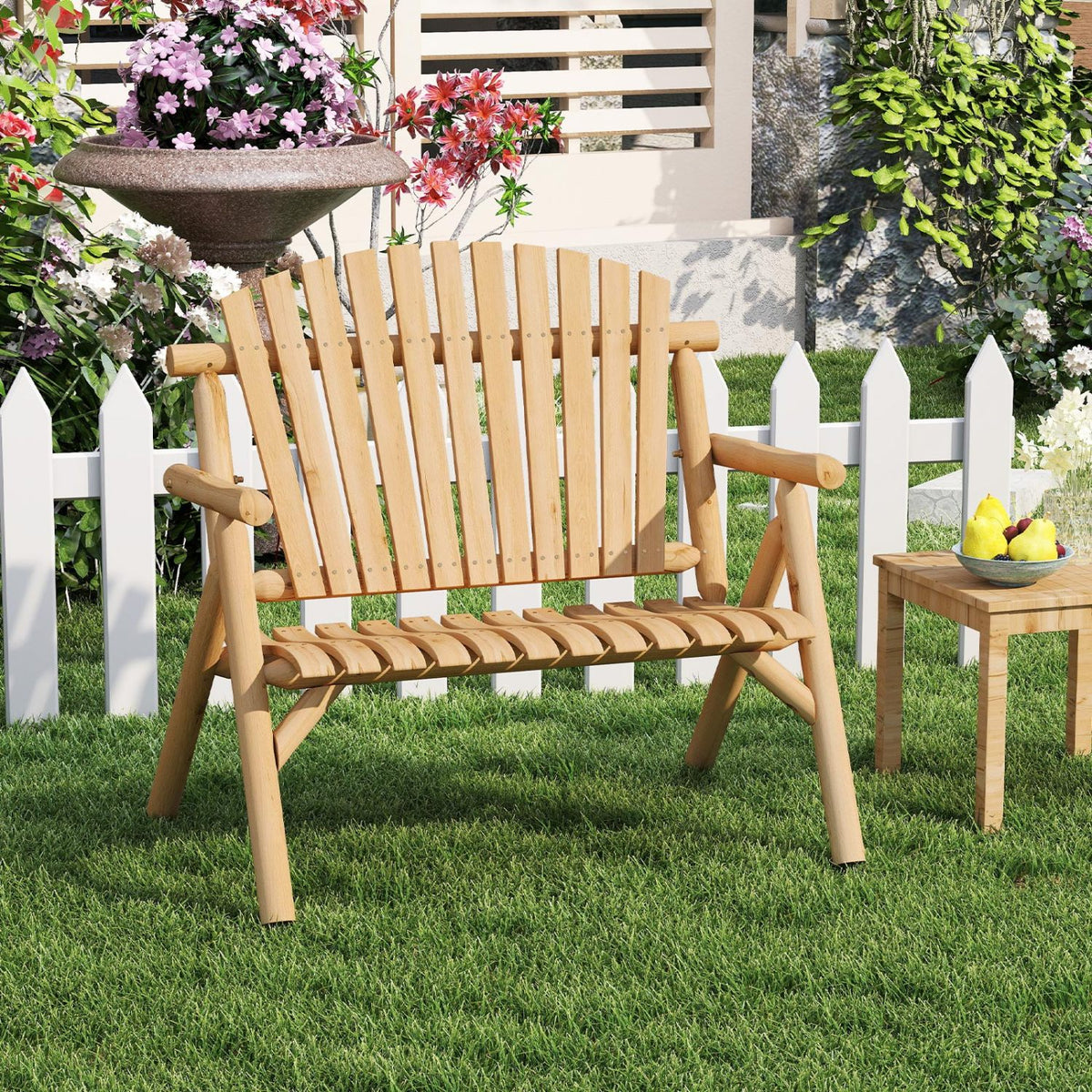 2-Person Log Wood Patio Bench with Slatted Backrest for Deck Backyard-Natural