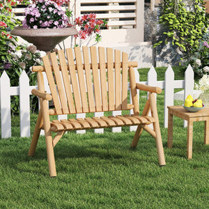 2-Person Log Wood Patio Bench with Slatted Backrest for Deck Backyard-Natural