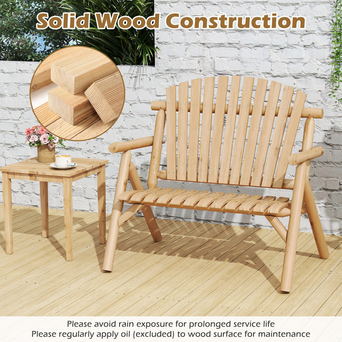 2-Person Log Wood Patio Bench with Slatted Backrest for Deck Backyard-Natural