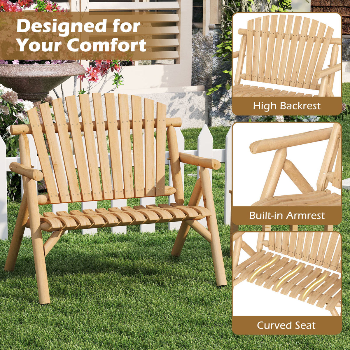 2-Person Log Wood Patio Bench with Slatted Backrest for Deck Backyard-Natural