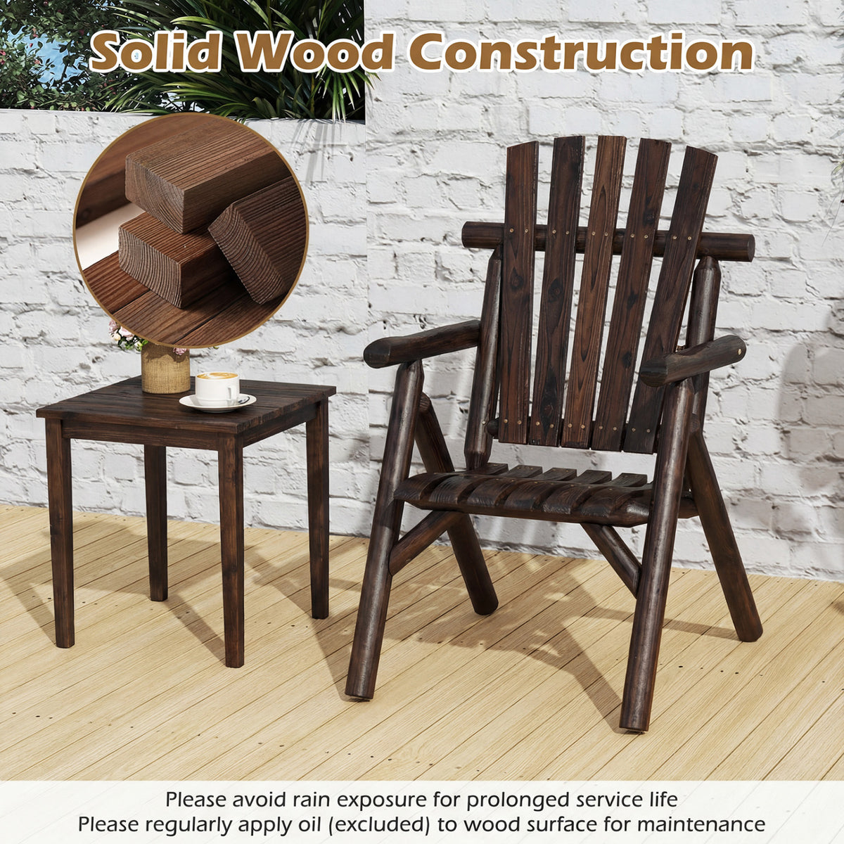 Log Wood Patio Chair with Slatted Backrest for Deck Backyard-Brown