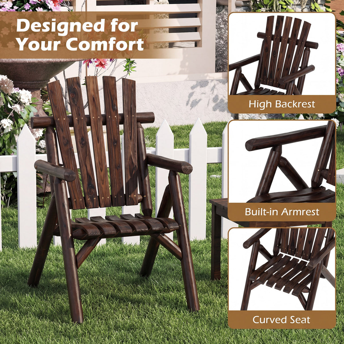Log Wood Patio Chair with Slatted Backrest for Deck Backyard-Brown
