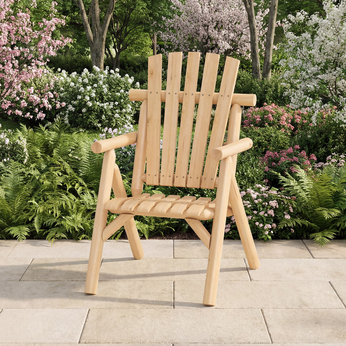 Log Wood Patio Chair with Slatted Backrest for Deck Backyard-Natural
