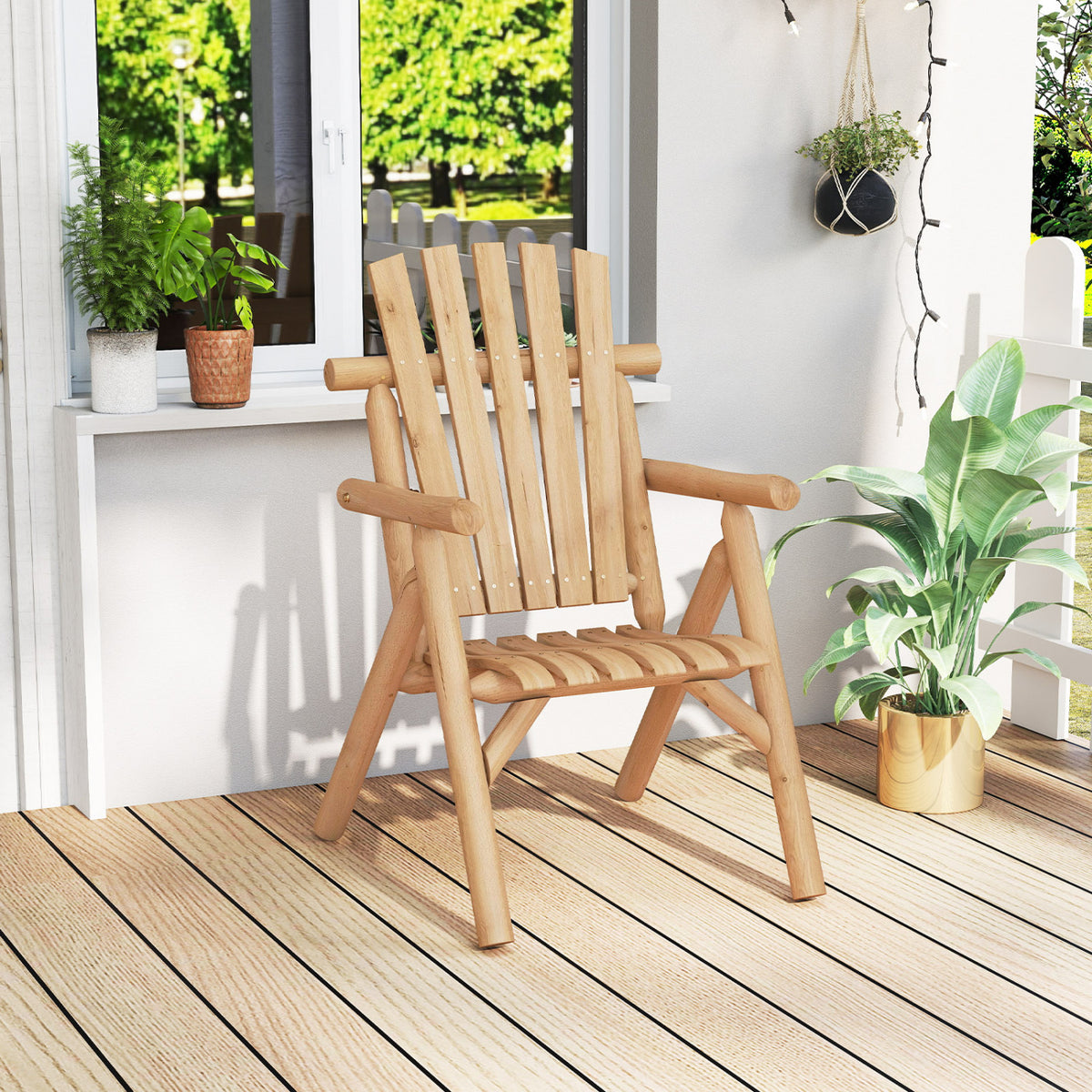 Log Wood Patio Chair with Slatted Backrest for Deck Backyard-Natural