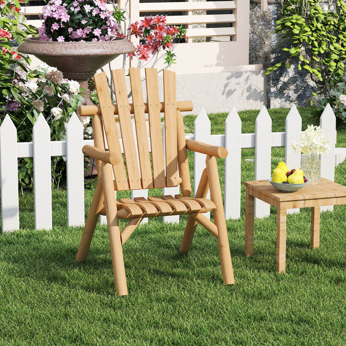 Log Wood Patio Chair with Slatted Backrest for Deck Backyard-Natural