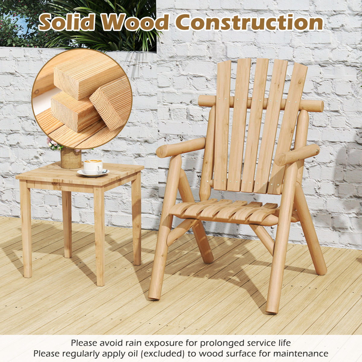 Log Wood Patio Chair with Slatted Backrest for Deck Backyard-Natural