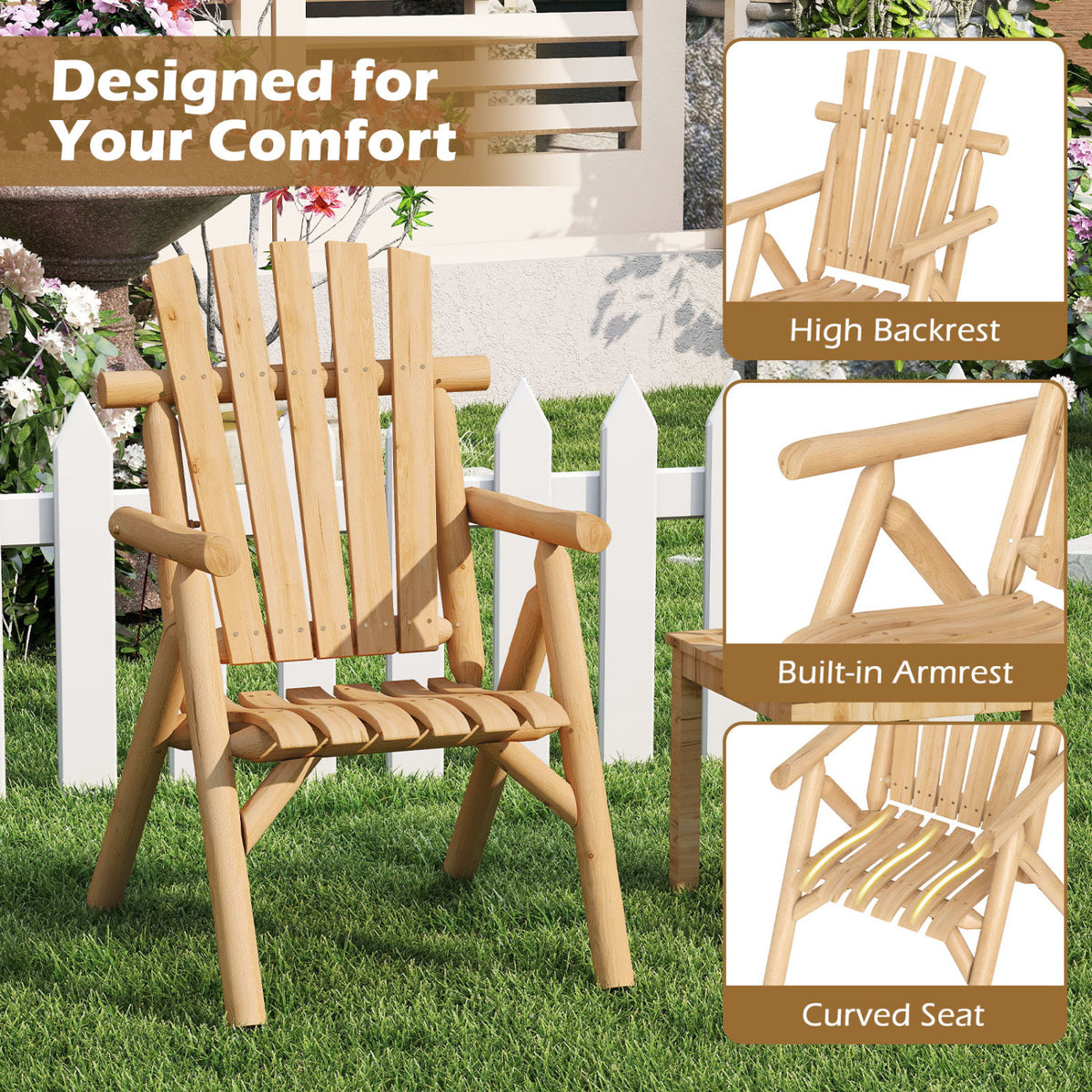 Log Wood Patio Chair with Slatted Backrest for Deck Backyard-Natural