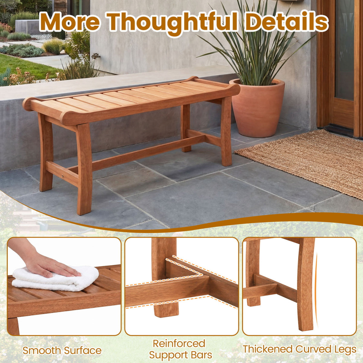 2-Person Outdoor Wood Bench with Slatted Seat and Raised Edges-Set of 2