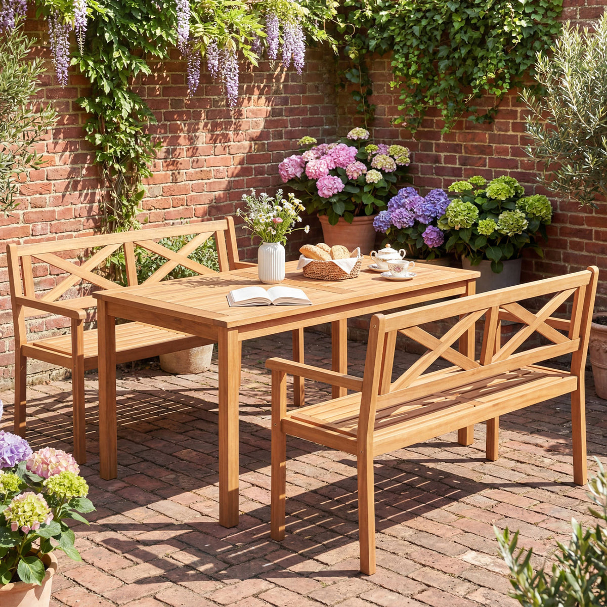 2-Person Patio Acacia Wood Garden Chair with Armrests and Backrest for Backyard