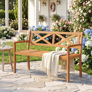 2-Person Patio Acacia Wood Garden Chair with Armrests and Backrest for Backyard