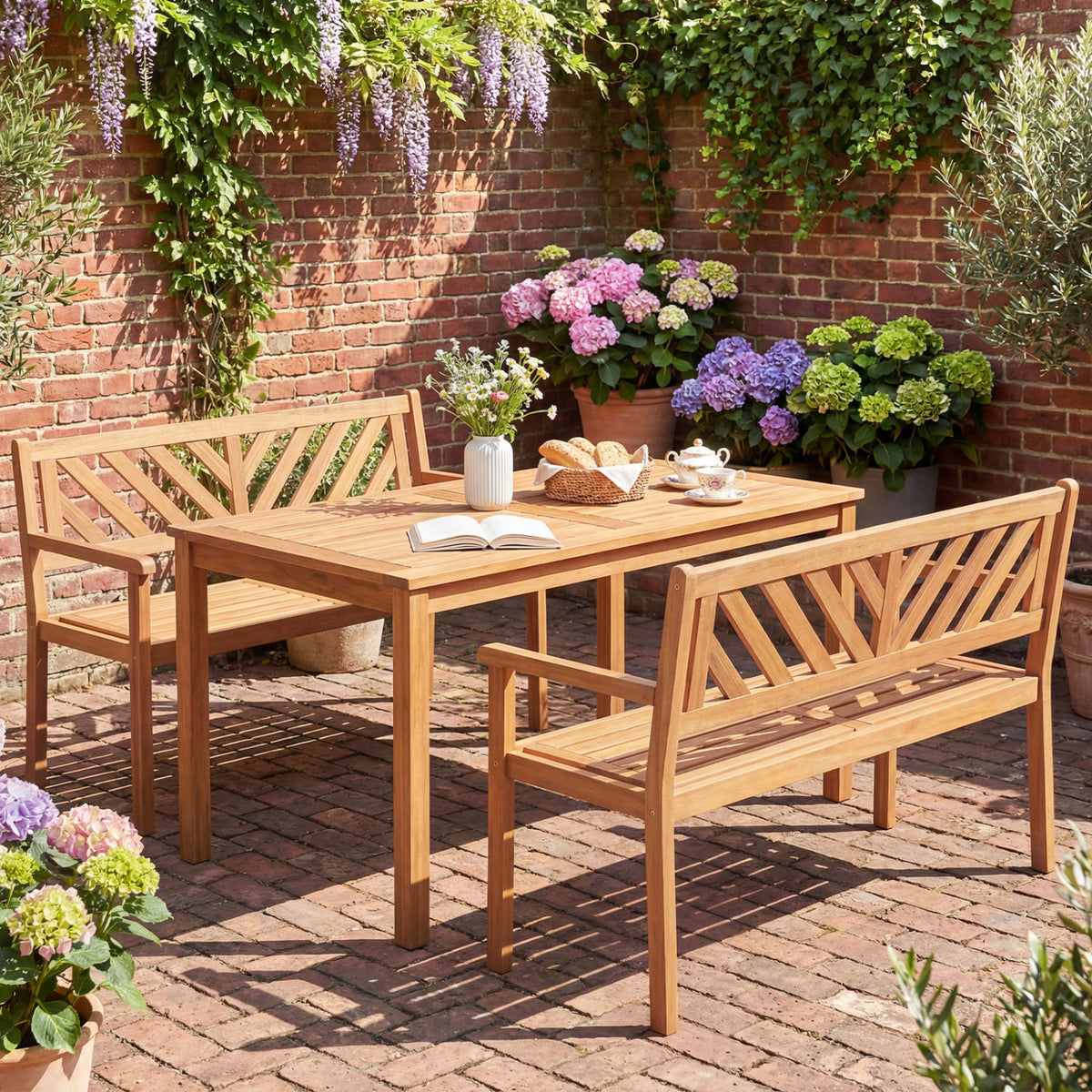 2-Person Patio Acacia Wood Garden Chair with Armrests and Backrest for Porch