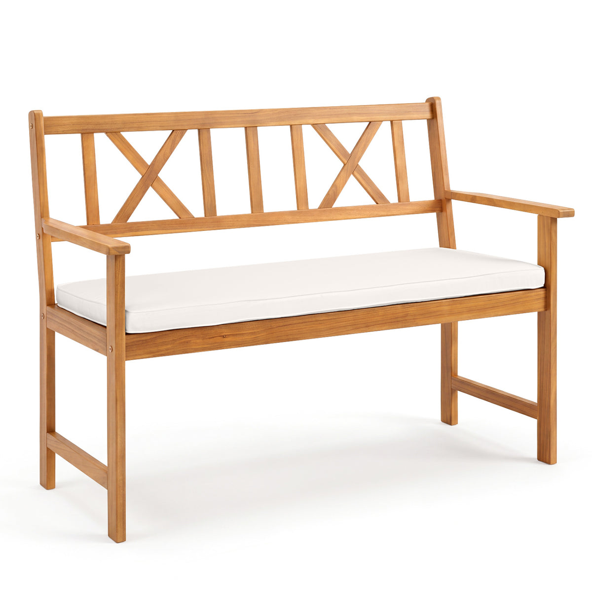 2-Person Patio Acacia Wood Garden Chair with Removable Seat Cushion-Natural&White