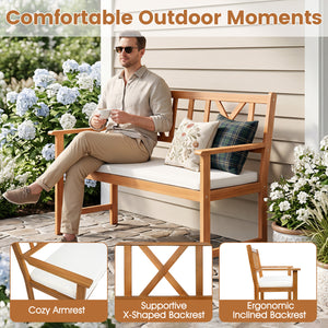 2-Person Patio Acacia Wood Garden Chair with Removable Seat Cushion-Natural&White