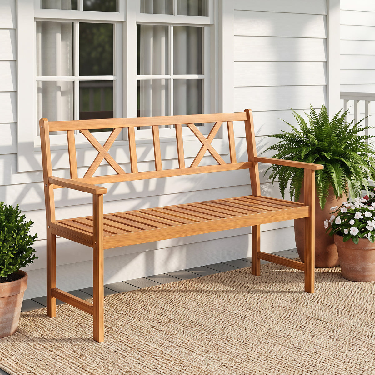 2-Person Patio Acacia Wood Garden Chair with Armrests and X-Shaped Backrest for Garden