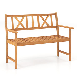 2-Person Patio Acacia Wood Garden Chair with Armrests and X-Shaped Backrest for Garden