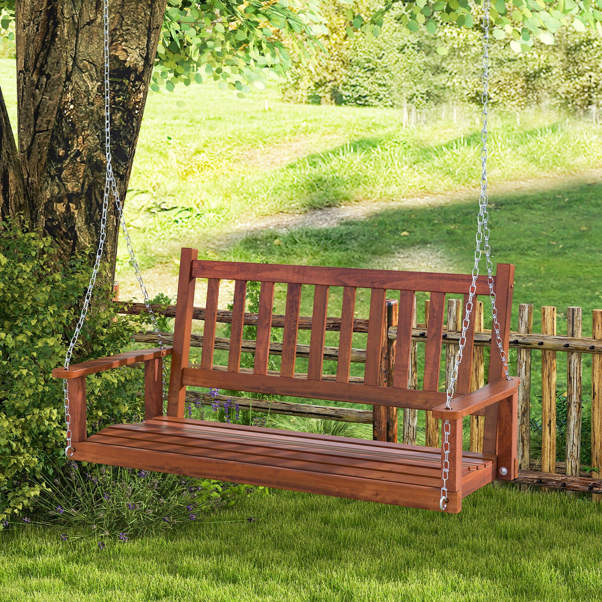 2-Person Wooden Outdoor Porch Swing with 500 lbs Weight Capacity-Brown
