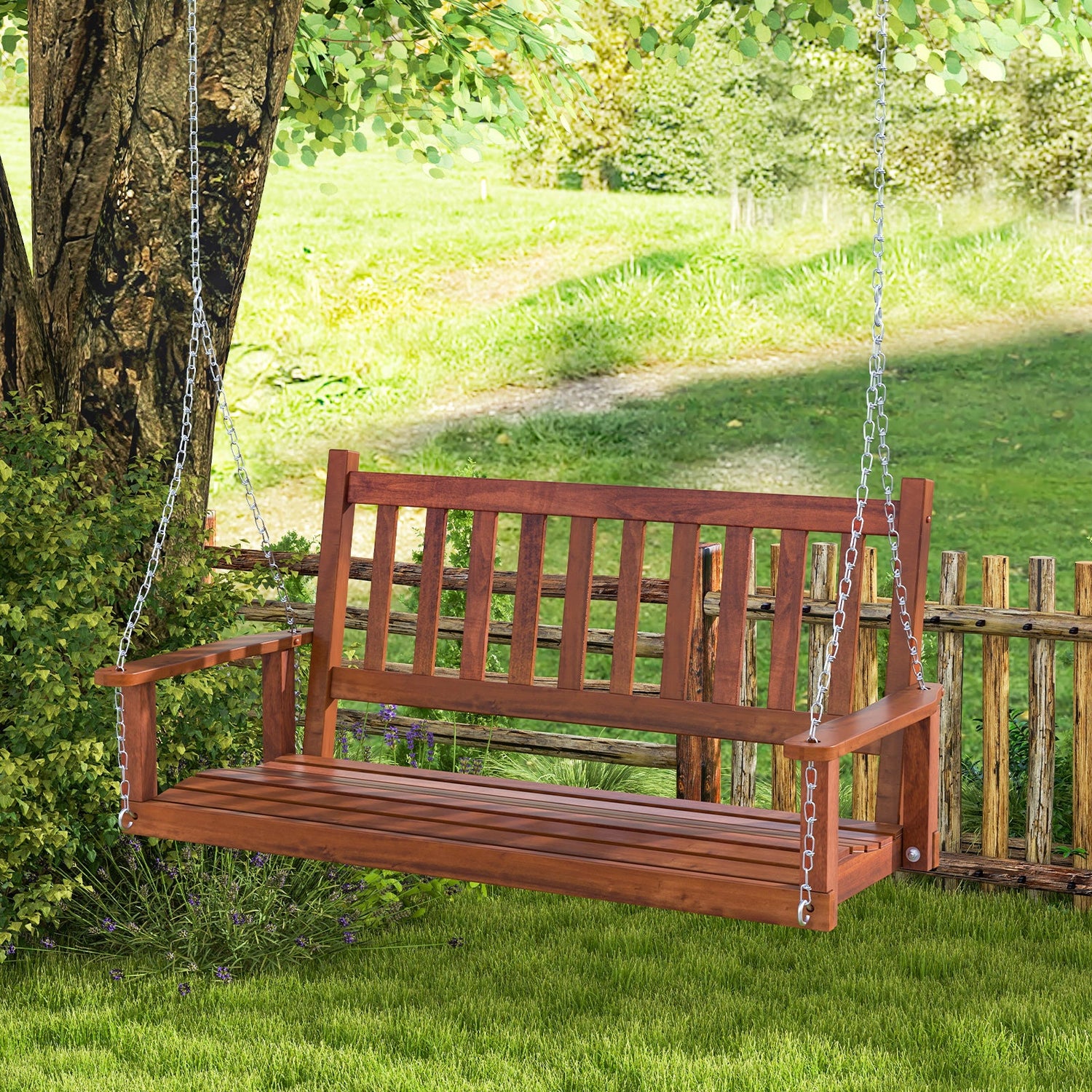 2-Person Wooden Outdoor Porch Swing with 500 lbs Weight Capacity-Brown