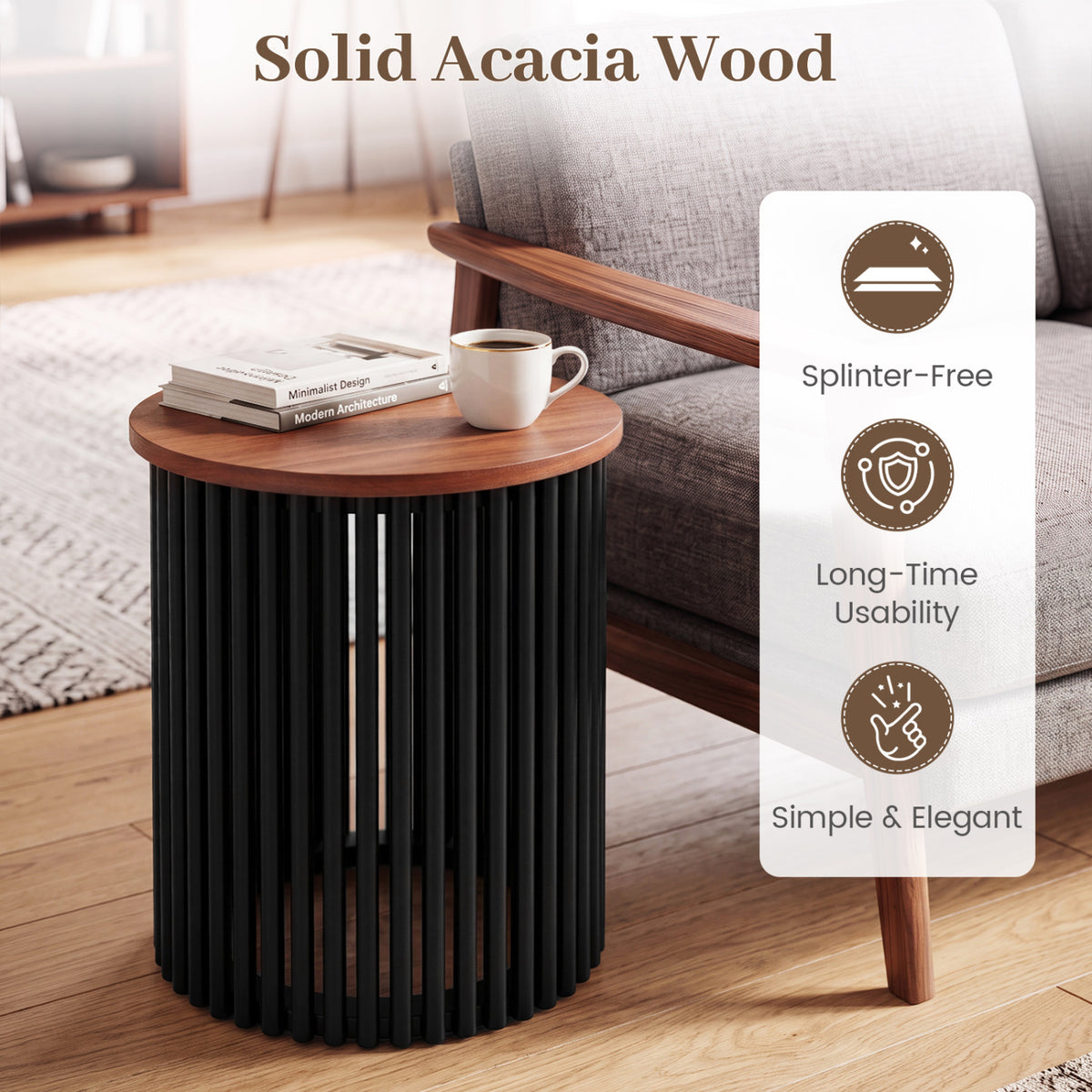 2 Piece Elegant Round Acacia Wood Coffee Table for Living Room and Home Office-Walnut