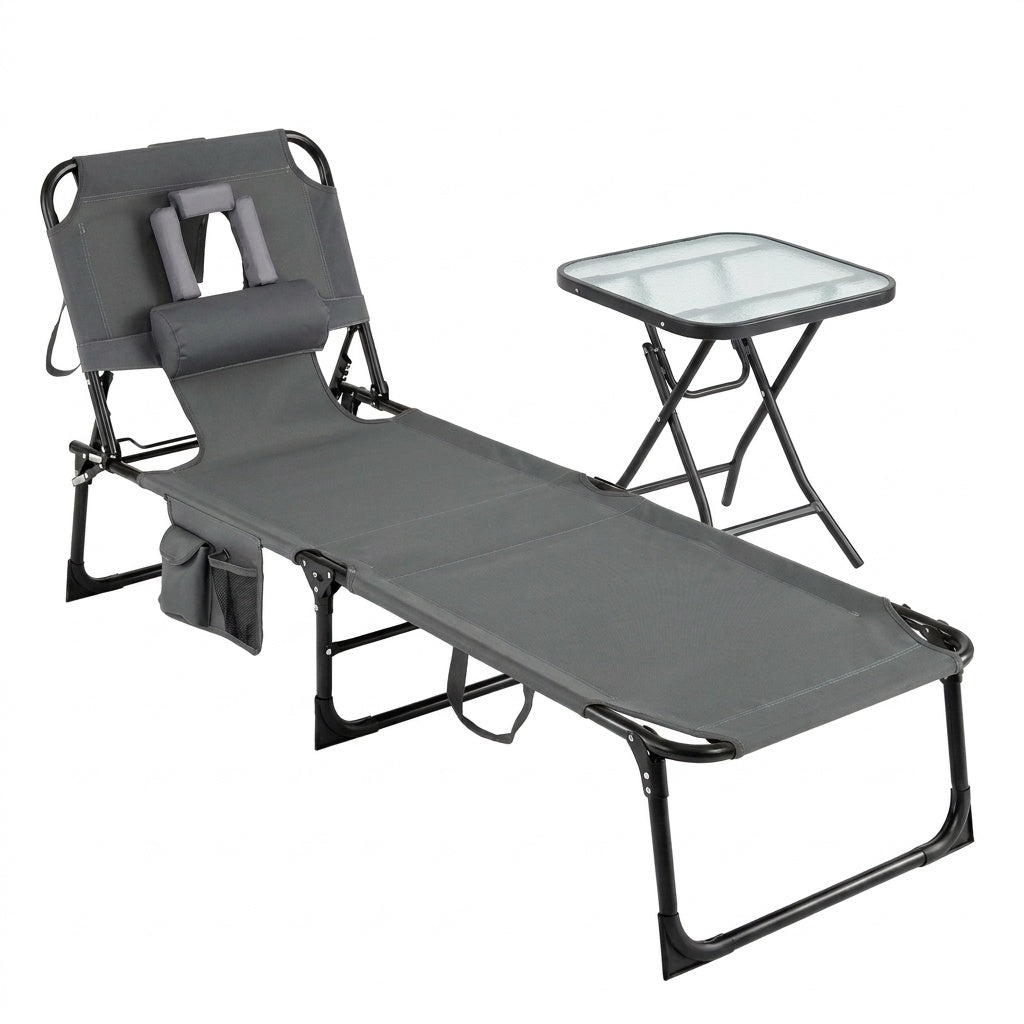 2-Piece Outdoor Tanning Chair and Patio Side Table Set with Folding Lounge Chair and Square Bistro Table