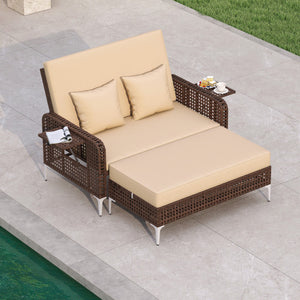 2 Piece Patio Rattan Daybed Wicker Loveseat and Ottoman with Adjustable Backrest-Brown