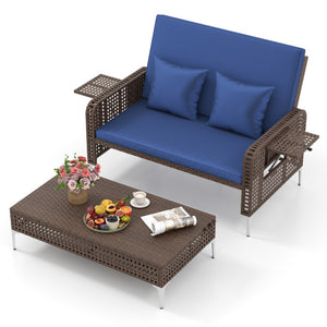 2 Piece Patio Rattan Daybed Wicker Loveseat and Ottoman with Adjustable Backrest-Navy