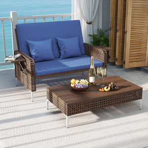 2 Piece Patio Rattan Daybed Wicker Loveseat and Ottoman with Adjustable Backrest-Navy